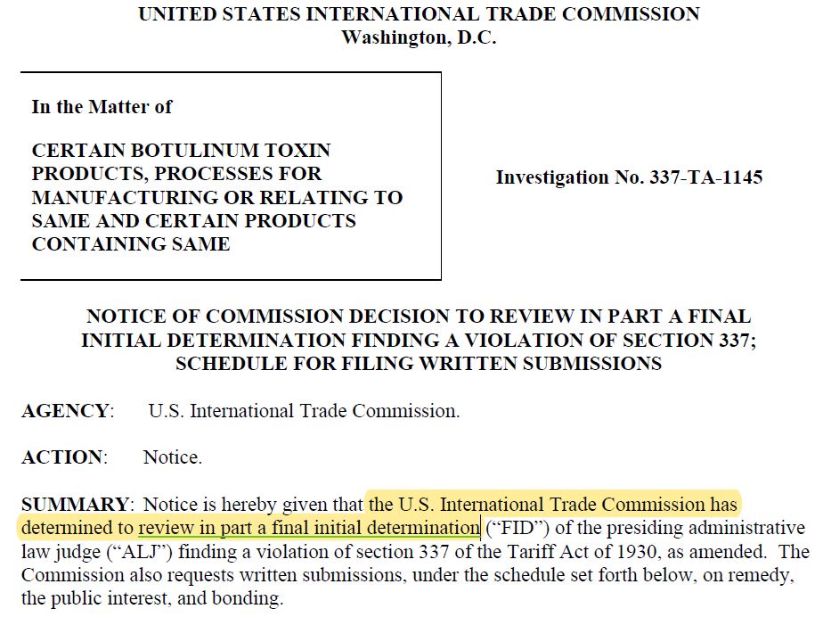 지난 21일(현지시간) 미국 국제무역위원회(ITC)가 게재한 재검토 결정문 중 일부.