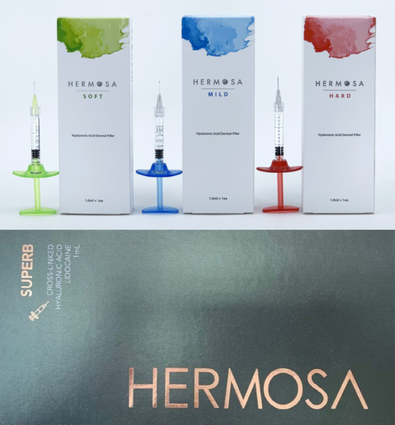 누베파마가 상표 등록 후 판매하고 있는 필러 제품인 ‘HERMOSA’(사진 위)와 바이오플러스가 무단 도용해 판매하고 있다는 필러 제품 'HERMOSA'(사진 아래).
