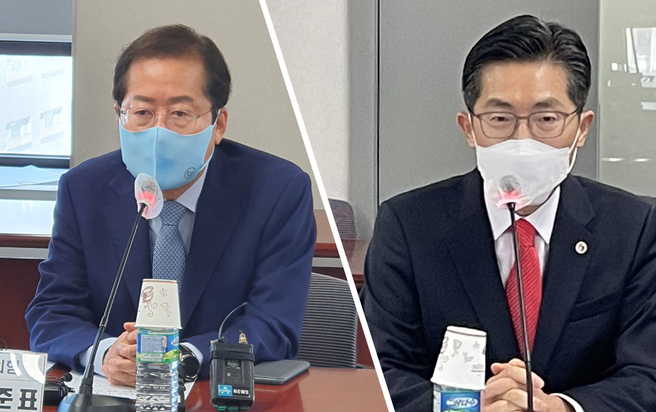 대한의사협회 이필수 회장(오른쪽)은 지난 8일 오전 의협 용산임시회관에서 국민의힘 홍준표 대선예비후보와 정책간담회를 개최했다.