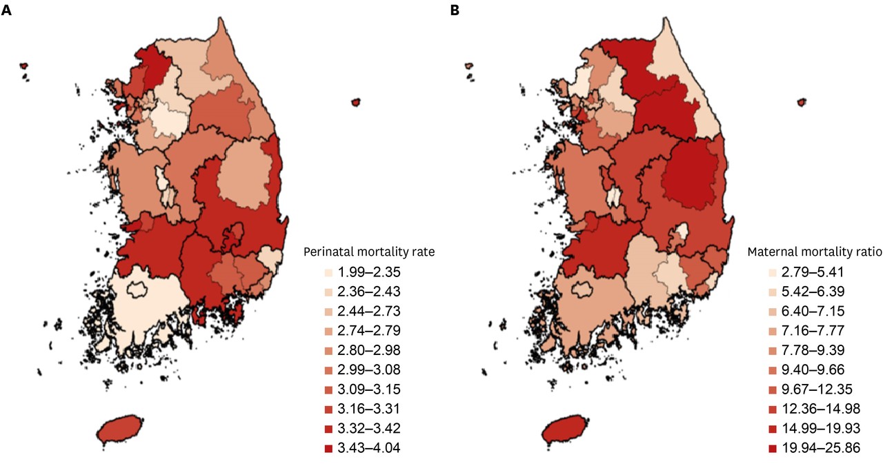 39개 PMCSA 주산기 사망률과 모성사망비(출처: JKMS, Perinatal Outcomes According to Accessibility to Maternal-Fetal and Neonatal Intensive Care Units by Region in Korea).