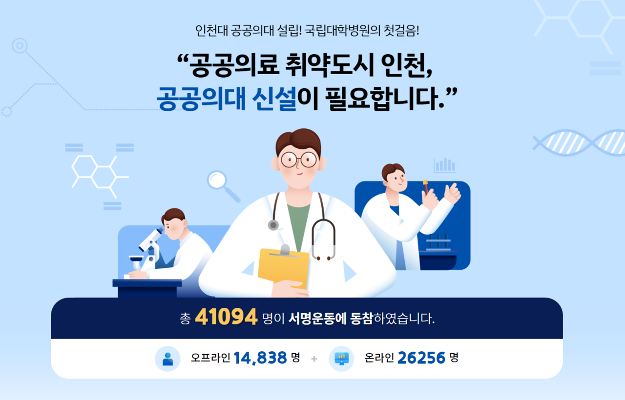 인천대학교는 지난해 10월부터 인천대 공공의대 설립 100만명 서명운동을 진행하고 있다(사진출처: 인천대학교 홈페이지).