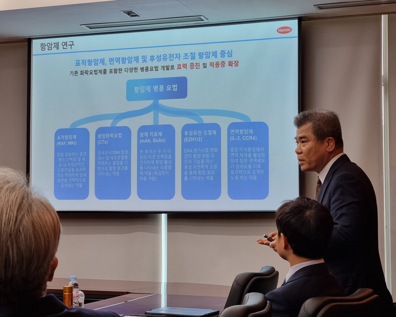 지난 15일 경기도 화성시 소재 한미약품 연구센터에서 서귀현 연구센터장(부사장)이 식품의약품안전처 오유경 처장을 상대로 한미약품 파이프라인을 설명하고 있다.