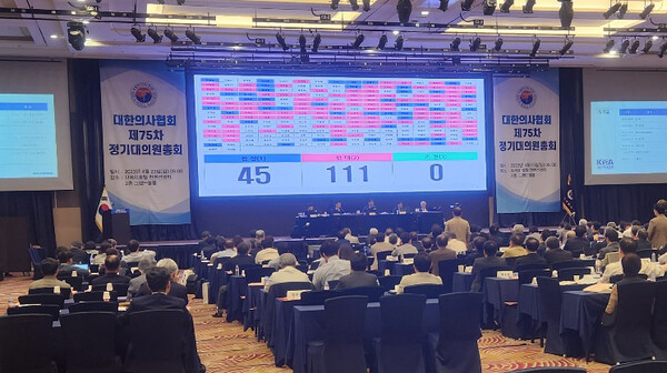 대한의사협회는 23일 서울 더케이호텔 컨벤션센터에서 제75차 정기대의원총회를 열고 조건부로 비대면 진료 제도화 추진에 찬성하기로 했다(ⓒ청년의사).