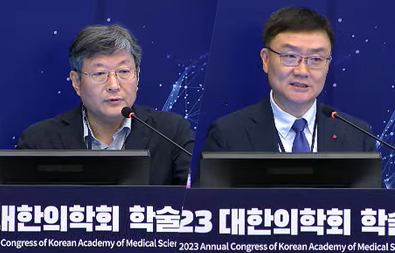 한국의학교육평가원 졸업후교육위원회 이선우 위원장(왼쪽)과 김영민 위원은 16일 더케이호텔 서울에서 열린 대한의학회 학술대회에서 인턴제 전면 개편 필요성에 대해 이야기했다(ⓒ청년의사).