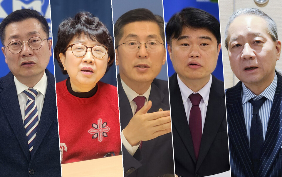 제42대 대한의사협회장 후보군에 이름을 올린 (왼쪽부터) 박명하 서울시의사회장, 박인숙 전 의원, 이필수 의협 회장, 임현택 대한소아청소년과의사회장, 주수호 미래의료포럼 대표(가나다 순).