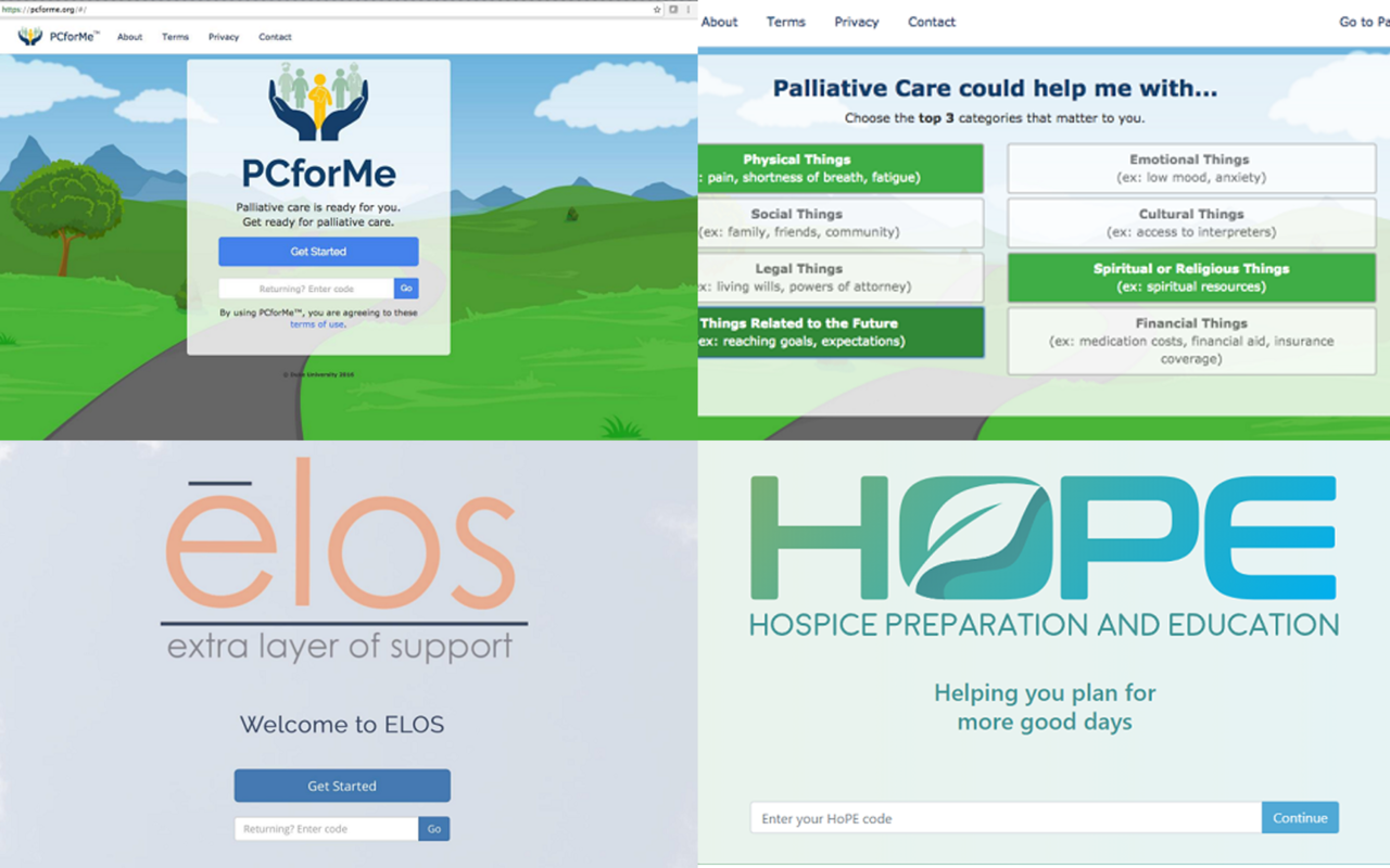 (왼쪽 상단부터 시계방향으로) PC for me, HOPE(Hospice Preparation and Education), elos(extra layer of support)’ 홈페이지
