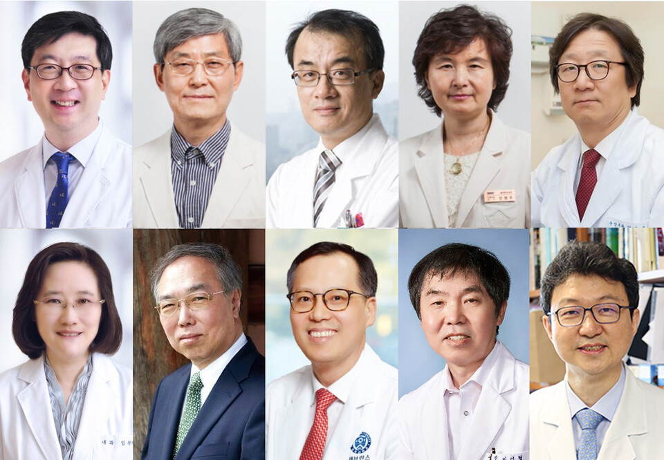 (상단 왼쪽부터)서울의대 김동완 교수, 성균관의대 박근칠 교수, 방앤옥 컨설팅 방영주 대표, 성균관의대 안명주 교수, 울산의대 강윤구 교수 (하단 왼쪽부터) 서울의대 임석아 교수, 연세의대 정현철 교수, 연세의대 조병철 교수, 충북의대 이기형 교수, 울산의대 김성배 교수.