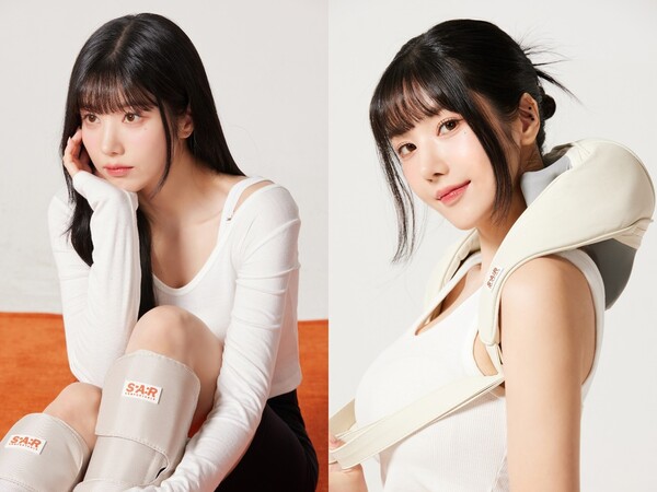 스파알의 모델 가수 권은비가 ‘포터블 목 어깨 마사지기’를 착용하고 있는 모습