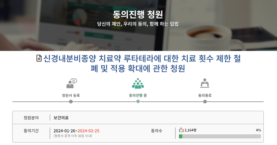 노바백스의 신경내분비종양 치료제인 '루타테라'의 치료 횟수 제한 철폐와 급여 적용 확대를 촉구하는 국민동의청원이 올라왔다(사진출처: 국민동의청원 캡쳐).