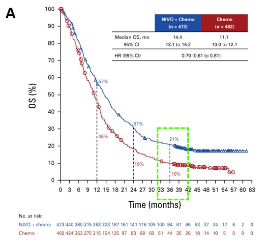 그림. CheckMate 649 연구의 3년차 전체생존(OS) 결과(PD-L1 CPS 5 이상)