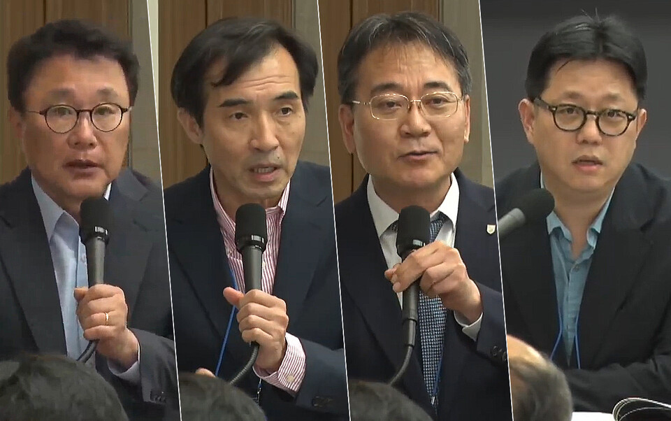 대한민국의학한림원과 한국의학바이오기자협회가 23일 개최한 제2회 미디어포럼에서는 의료이용 통제 기전이 없이 공급만 늘리려 한다는 비판이 이어졌다. (왼쪽부터) 고려의대 박종훈 교수, 울산의대 이상일 교수, 고려의대 이성우 교수, 보건복지부 강준 의료개혁총괄과장(ⓒ청년의사).