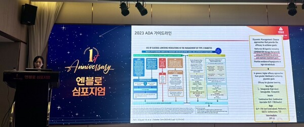 고신대학교복음병원 김부경 교수가 ‘병용요법으로서의 최적의 SGLT-2 억제제 조합(Optimal combination therapy)을 발표하고 있다.  (사진제공: 대웅제약)