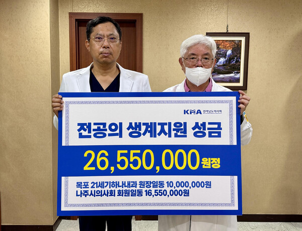 목포 21세기하나내과 류영근 원장(오른쪽)은 지난 19일 의대생과 전공의들을 위해 써달라며 동료 원장들과 함께 1,000만원을 모아 전라남도의사회 최운창 회장에게 전달했다(사진제공: 전남의사회).