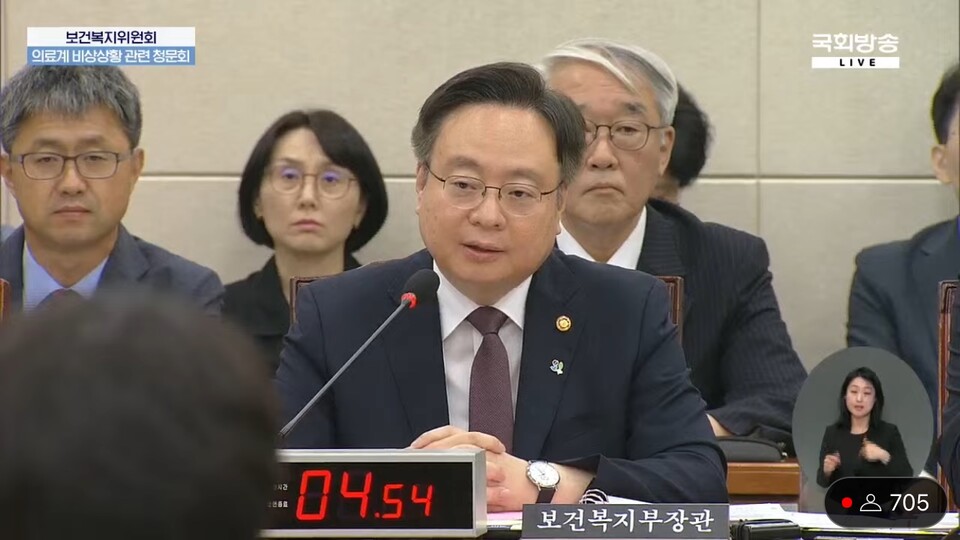 의정 갈등 중재를 위해 국회의 공론화특별위원회 구성 제안에 보건복지부 조규홍 장관은 사실상 거절 입장을 내놨다(국회방송 유튜브채널 청문회 생중계 화면 갈무리).