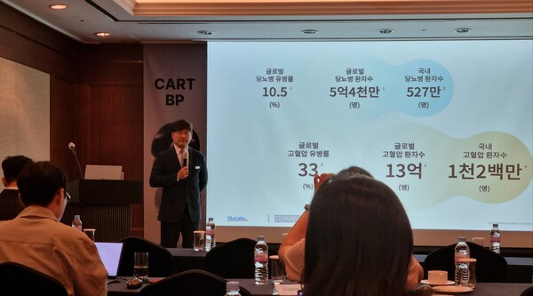 스카이랩스 이병환 대표가 '카트 비피' 출시 기자간담회에서 인삿말을 하고 있다. ()