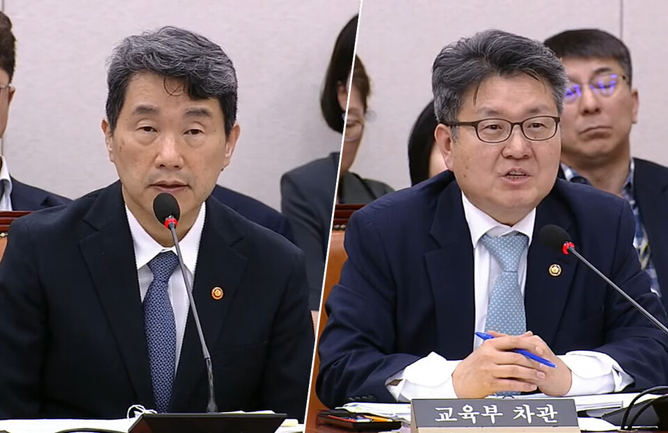 교육부 이주호 장관(오른쪽)과 오석환 차관은 12일 국회 교육위원회 전체회의에서 증원 의대에 대한 한국의학교육평가원 평가에 탄력적 학사 운영 방안 등이 반영돼야 한다고 말했다(ⓒ청년의사).