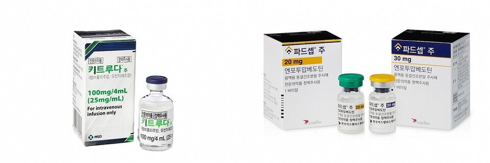 (왼쪽부터) 항 PD-1 면역항암제 ‘키트루다(성분명 펨브롤리주맙)’와 항체-약물 접합체(ADC) 항암제 ‘파드셉(성분명 엔포투맙베도틴)’ 제품이미지.
