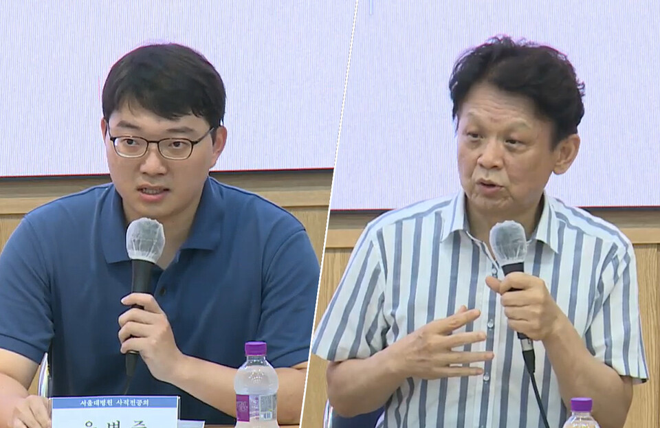 서울대병원 신경외과를 사직한 우병준 전공의(왼쪽)는 13일 서울의대 비대위 주최 토론회에서 진찰료 현실화가 필요하다고 지적했다. 고려대 보건대학원 신영석 교수도 이 의견에 "100% 공감한다"고 했다(