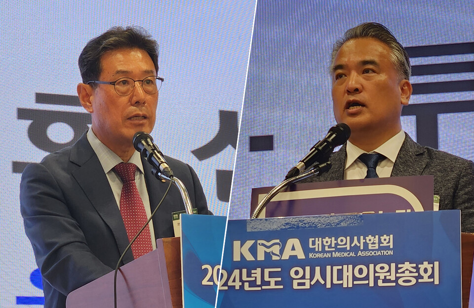 대한의사협회 대의원회 김교웅 의장(왼쪽)과 김성근 가톨릭의대교수비대위원장은 31일 임시대의원총회에서 선배 의사들이 적극적으로 대정부 투쟁에 나서야 한다고 강조했다(ⓒ청년의사).