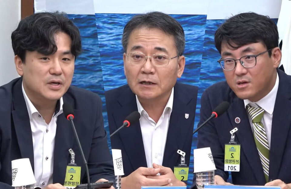 더불어민주당이 개최한 응급의료 비상사태 간담회에 참석한 아주대병원 정경원 권역외상센터장(왼쪽부터), 대한응급의학회 이성우 정책이사, 대한외상학회 조항주 이사장(사진출처: 더불어민주당 공식 유튜브 갈무리).