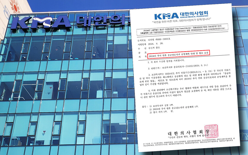 대한의사협회는 지난 8월 26일 보건복지부의 '2024년 추석 연휴 응급진료체계 운영계획'을 산하단체에 안내하며 협조 요청 공문을 보냈다. 하지만 일주일 뒤 이 계획을 "부당 노동 강요"라고 비판했다(ⓒ청년의사).