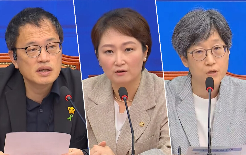 더불어민주당 의료대란대책특별위원회는 12일 오전 국회에서 서울의대 교수 비상대책위원회와 간담회를 가졌다.(왼쪽부터) 민주당 의료대란특위 박주민 위원장, 이언주 최고위원, 서울의대 강희경 비대위원장은 정부가 2025학년도 의대 증원 문제도 논의할 수 있다고 입장을 바꿔야 한다고 했다(ⓒ청년의사).