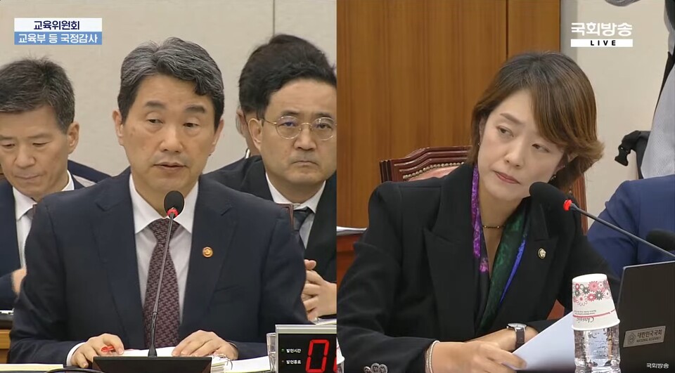 교육부 이주호 장관(사진 왼쪽)이 국회 교육위원회 국정감사에 출석해 의대 5년제 도입 논란에 답하고 있다(사진 출처: 국회방송 유튜브 생중계 화면 갈무리).