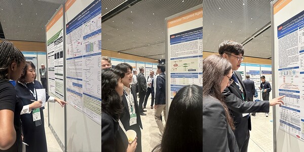 한미약품 R&D센터 곽은주 연구원(왼쪽부터), 박원기 연구원, 유형석 연구원이 국제 암 학술대회 ‘EORTC-NCI-AACR 2024’에서 차세대 항암 신약의 연구 결과 3건이 담긴 포스터 내용을 설명하고 있다. (사진 제공: 한미약품)
