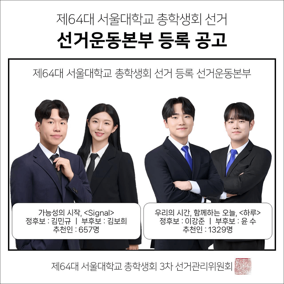 제64대 서울대 총학생회 선거에 의학과 이강준 후보(19학번)가 출마하자 학내에서 총학생회가 의대 정원 증원 찬성에 앞장설 수 있다는 우려가 나오고 있다(사진출처: 인스타그램 서울대 총학생회 선거관리위원회 계정).