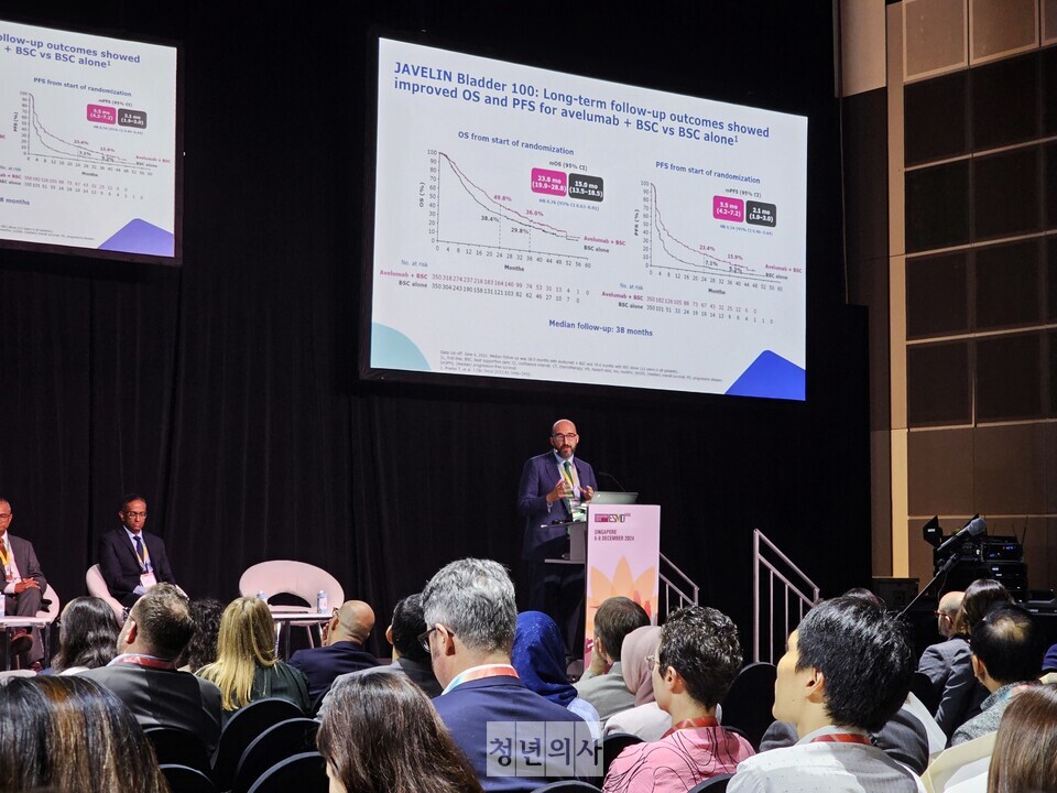 6일 싱가포르에서 열린 유럽종양학회 아시아 연례학술대회(ESMO Asia 2024) 머크 새틀라이트 심포지엄에서 스페인 MD앤더슨 암센터 엔리케 그란데(Enrique Grande) 교수가 발표를 하고 있다.