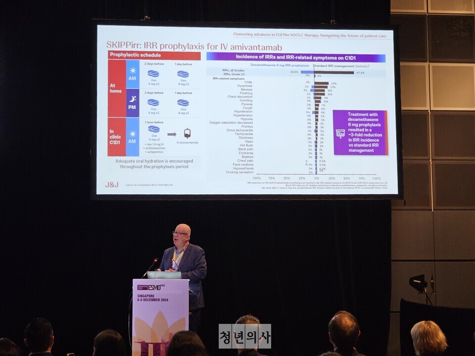 지난 7일 싱가포르 선텍 컨벤션센터에서 열린 유럽종양학회 아시아 연례학술대회(ESMO Asia 2024) 존슨앤존슨(J&J) 새틀라이트 심포지엄에서 미국 버지니아암센터 알렉산더 스피라(Alexander Spira) 교수가 발표를 하고 있다. 