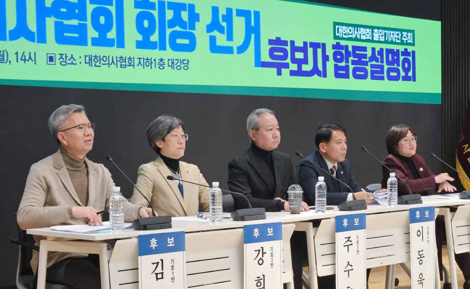 지난 23일 대한의사협회 출입기자단 주최 회장 보궐선거 후보자 합동설명회(토론회) 현장 모습(ⓒ청년의사).