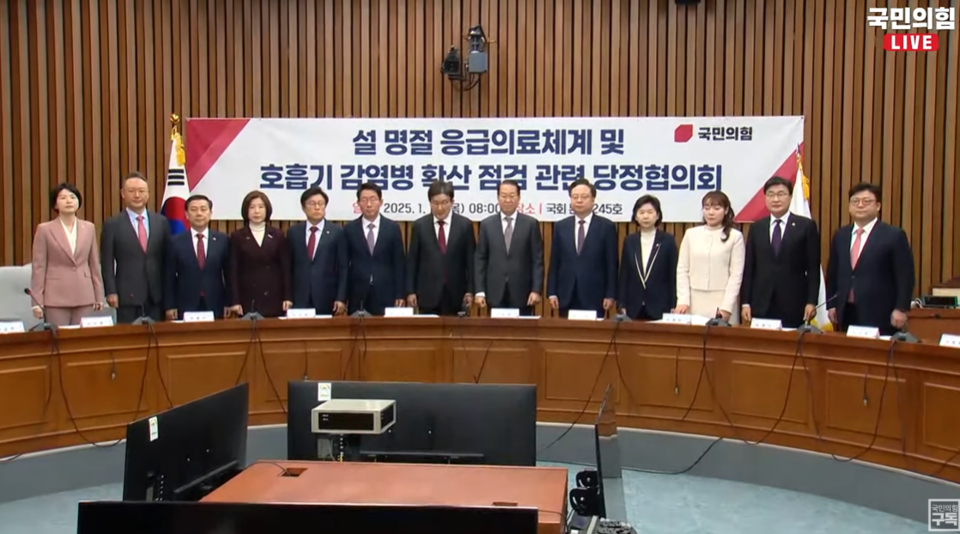 국민의힘과 정부가 16일 오전 서울 여의도 국회에서 설 명절 응급의료체계 및 호흡기 감염병 확산 점검 관련 당정협의회에서 응급실 쏠림을 막고 배후진료 역량 강화를 위한 지원대책에 합의했다(사진출처: 국민의힘 공식 유튜브 '국민의힘TV' 생중계 갈무리).