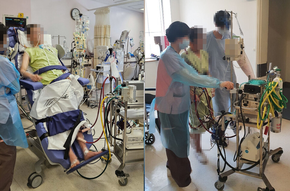 삼성서울병원 중환자실에서 환자에게 실시하는 단계별 서기와 보행 연습 모습(사진제공: 대한중환자재활학회).