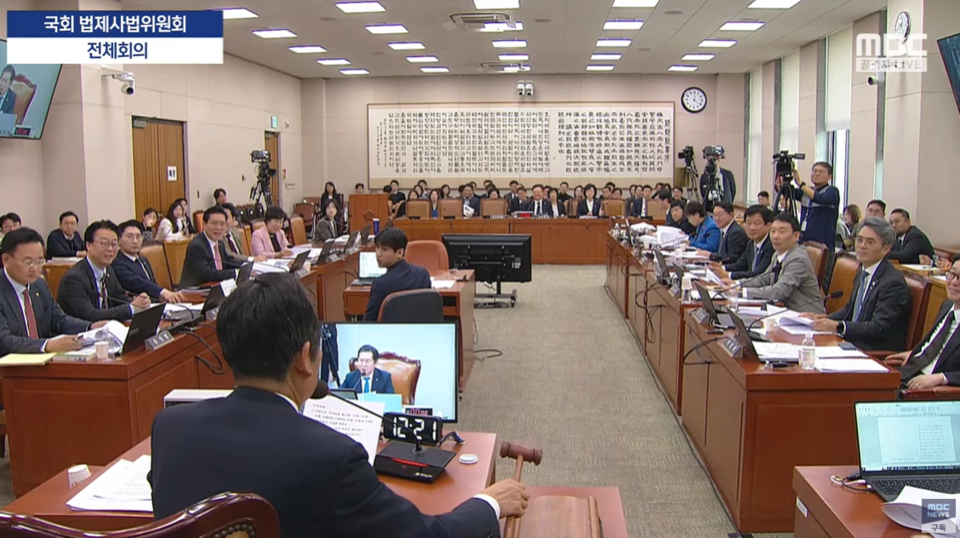 국회 법제사법위원회가 12일 전체회의에서 향정신성 의약품의 유인이나 권유 행위에 대한 처벌을 강화하는 내용이 담긴 '마약류 관리에 관한 법률 개정안'을 의결했다(사진출처: 국회방송 공식 유튜브 생중계 갈무리).