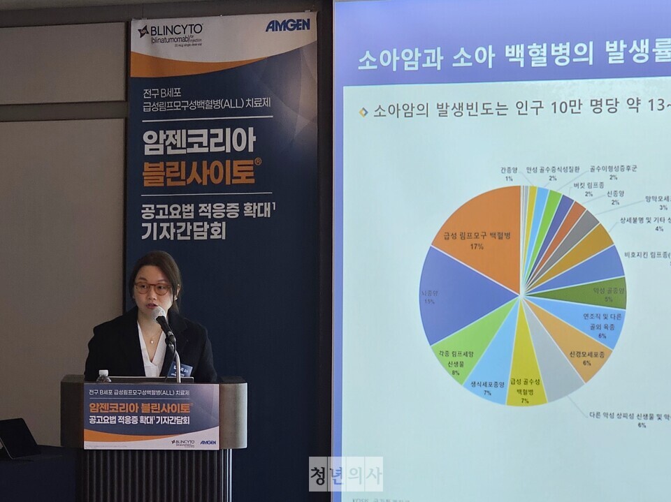 지난 12일 열린 암젠코리아 블린사이토 기자간담회에서 서울아산병원 소아청소년종양혈액과 김혜리 교수가 발표를 하고 있다.