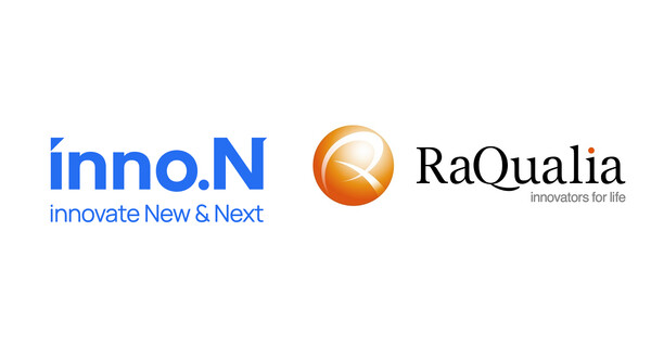 HK이노엔 BI(왼쪽)와 라퀄리아 CI(오른쪽).