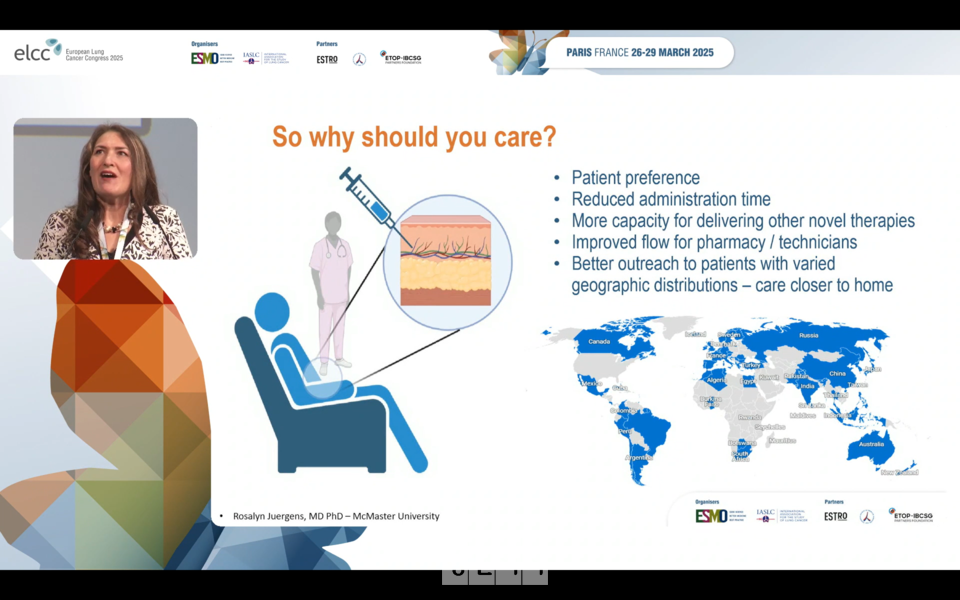 27일(현지시간) 프랑스 파리에서 열린 유럽폐암학회 연례학술대회(ELCC 2025) 미니 오랄 세션에서 캐나다 맥마스터대학의 로절린 주겐스(Rosalyn Juergens) 교수가 키트루다 SC 제형의 임상적 의의에 대해 발표하고 있다. 온라인 화면 갈무리.