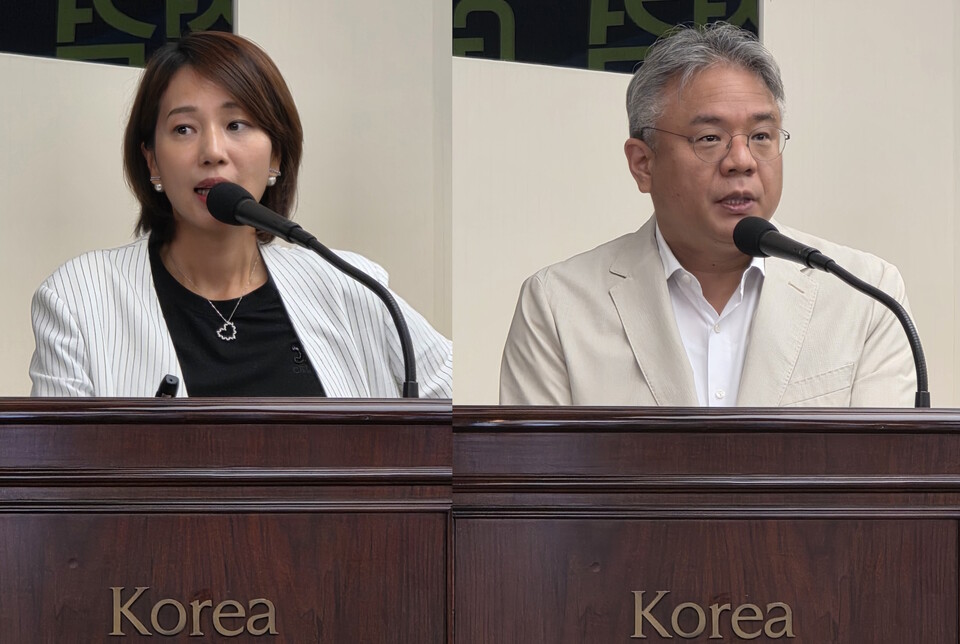 대한비만학회 허양임 언론홍보이사(왼쪽)와 박정환 정책이사는 21일 한국프레스센터에서 열린 'GLP-1 비만치료제의 오남용 실태와 안전성 우려' 심포지엄에서 위고비에 대한 과도한 우려를 경계했다(ⓒ청년의사).