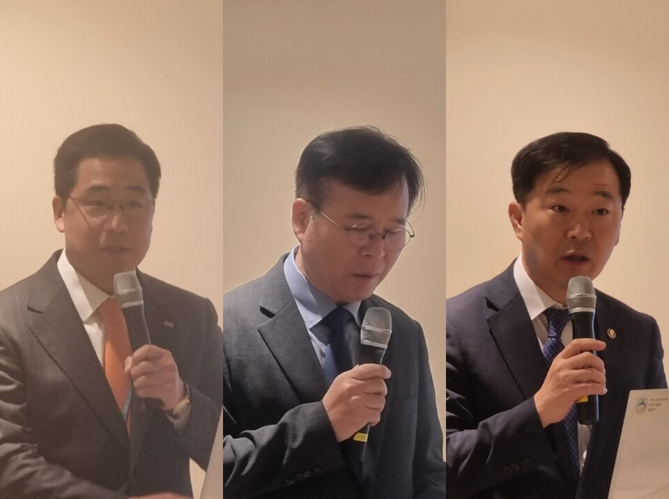 (왼쪽부터)KMI 이광배 이사장, 청년의사 양경철 대표, 복지부 이형훈 제2차관이 인사말과 격려사를 하고 있다(ⓒ청년의사).