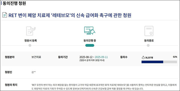 RET 유전자 변이 폐암 환자 치료제 ‘레테브모’를 건강보험 급여 적용해 달라는 국민동의청원이 제기됐다(사진: 국회 국민동의청원 홈페이지 갈무리).