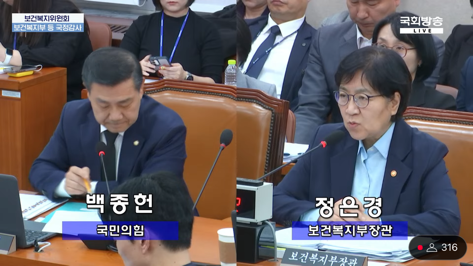 국민의힘 백종헌 의원이 대한한의사협회 윤성찬 회장의 한의사 주치의 임명을 두고 이해충돌 우려를 제기했다(사진출처: 국회방송 공식 유튜브 생중계 갈무리).