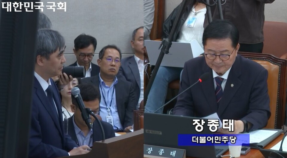 경북대병원 양동헌 원장(좌)은 15일 오후 열린 국회 보건복지위원회 국정감사에 참석해 지역 거점병원 신축 등을 위한 지원이 필요하다고 강조했다(국회방송 갈무리).