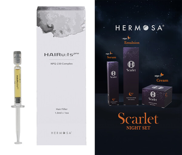 누베파마가 개발한 헤어필러 'HERMOSA Hairu:ts'(왼쪽)와 PQQ 기반 나이트케어 라인 화장품 'HERMOSA Scarlet'