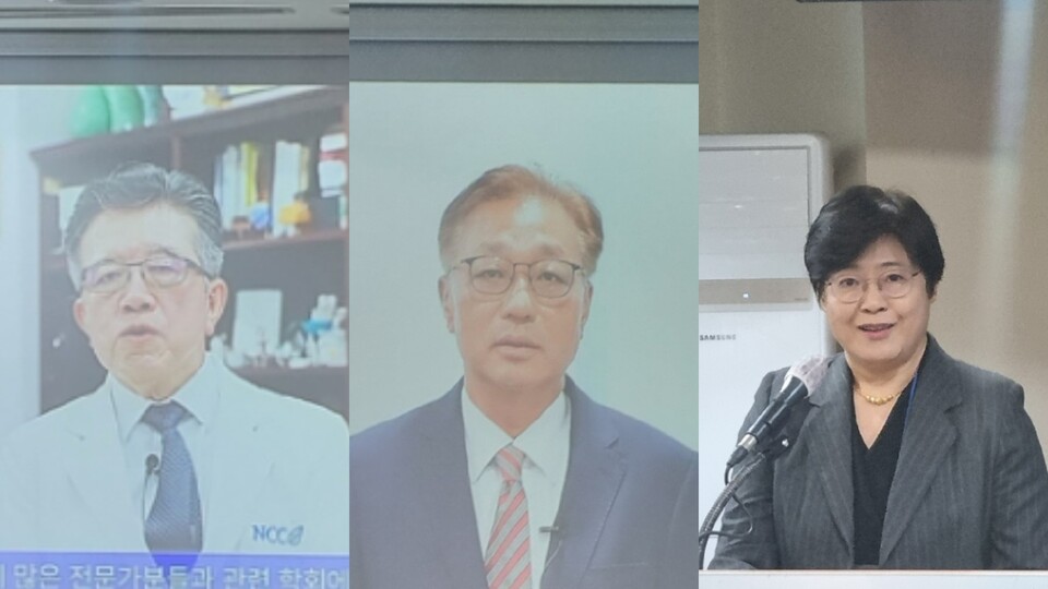국립암센터 양한광 원장, 건강보험심사평가원 강중구 원장, 대한암학회 라선영 이사장이 축사를 전하고 있다(©청년의사).